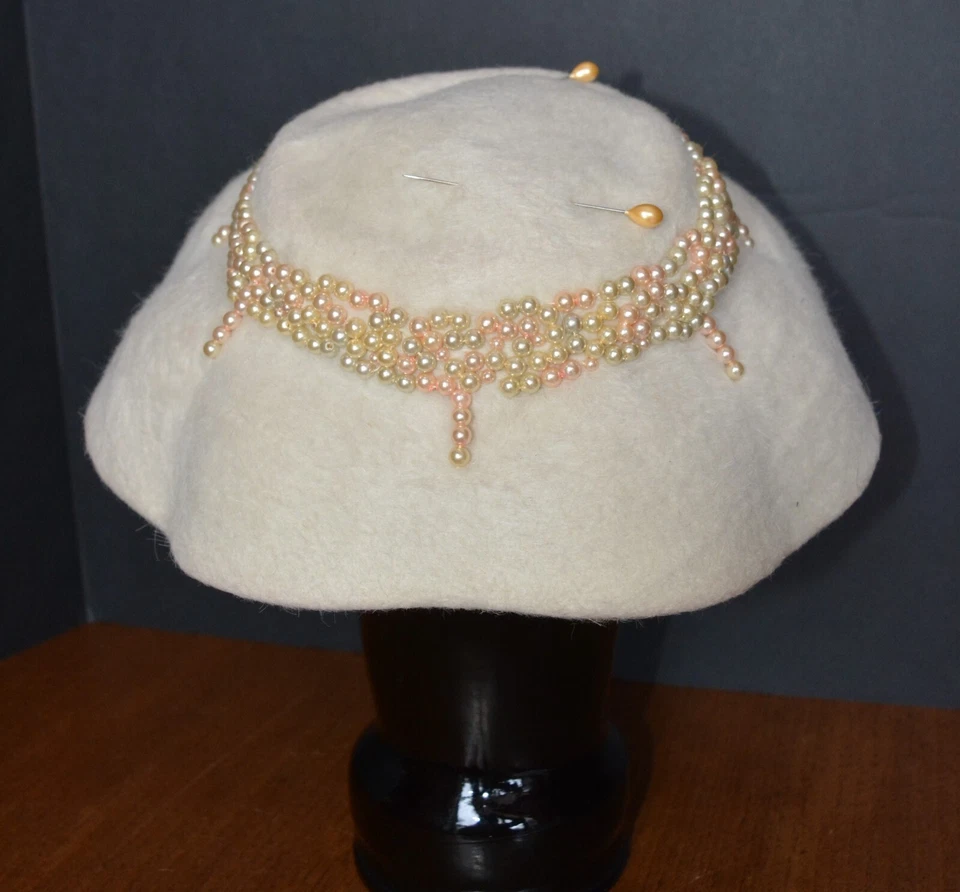 Винтажная женская шерстяная волнистая широкополая шляпа CHANTE от Schachter цвета слоновой кости с бисером - Изображение 4 из 4