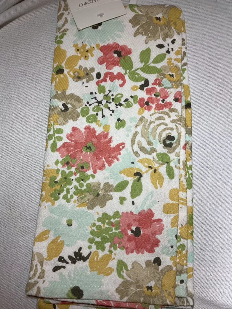 CYNTHIA ROWLEY KITCHEN TOWELS (2) BLUE PINK GREEN GOLD FLOWERS 100% COTTON  NWT