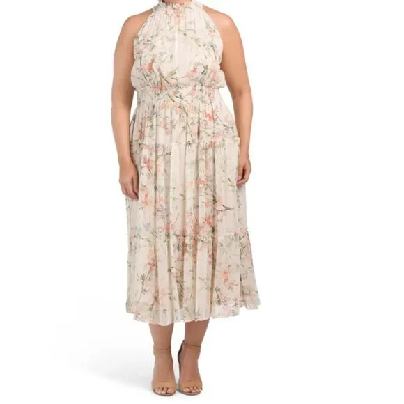 Taylor Plus size 16W Chiffon Halter Neck Tiered Maxi Dress Beige