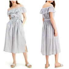 Michael Kors Size S/M Striped Belted Off-the-Shoulder Ruffled Midi Dress Blue