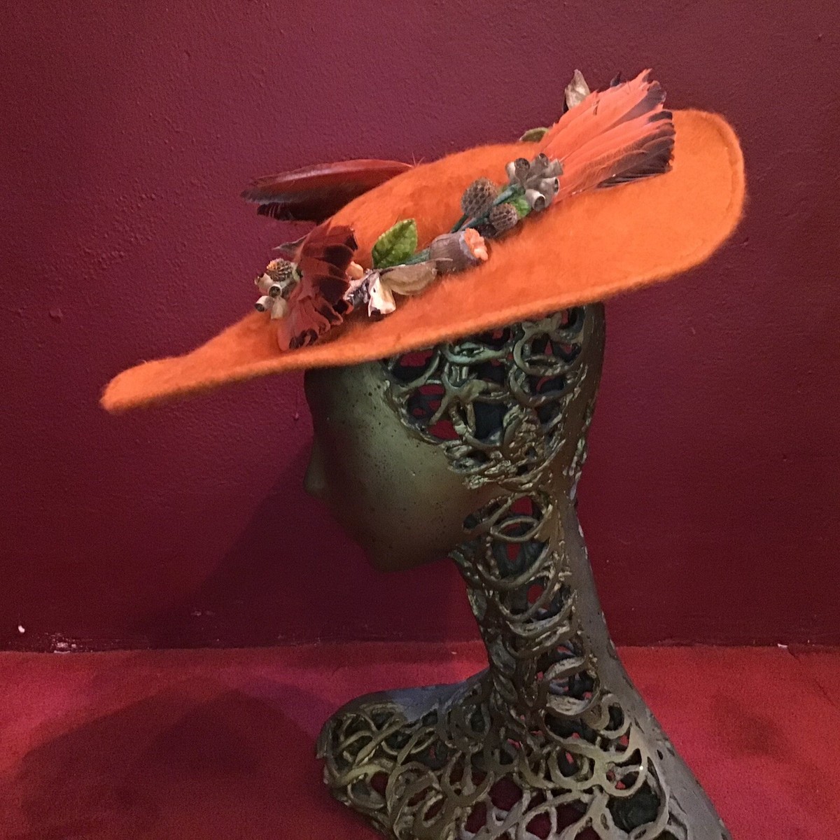 Vintage 40s 50s Hat Orange Saucer Felt Fur Henry Margu Tilt  display picture 2
