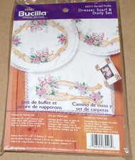 Bucilla Butterfly  Roses "Garden Trellis" Stamped Dresser Scarf  Doily Set NIP