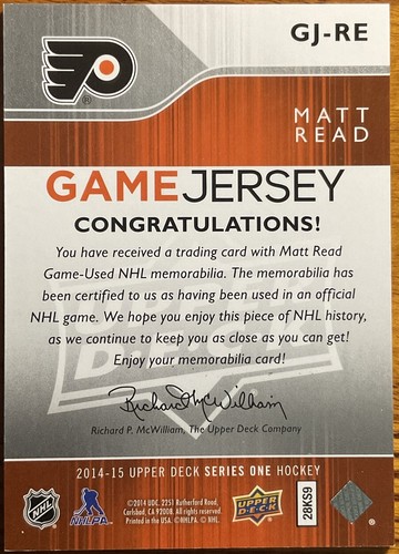 2014-15 Upper Deck UD Game Jersey Matt Read #GJ-RE Philadelphia Flyers - Picture 2 of 2