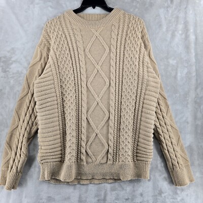 ELFRIC EDEN Men's XXL Tan FISHERMAN Chunky Knit Sweater Crewneck