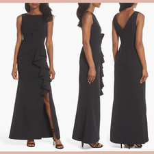 NWT $188 Eliza J [ 6 ] Sleeveless Cascading Ruffle Front Gown in Black #J920