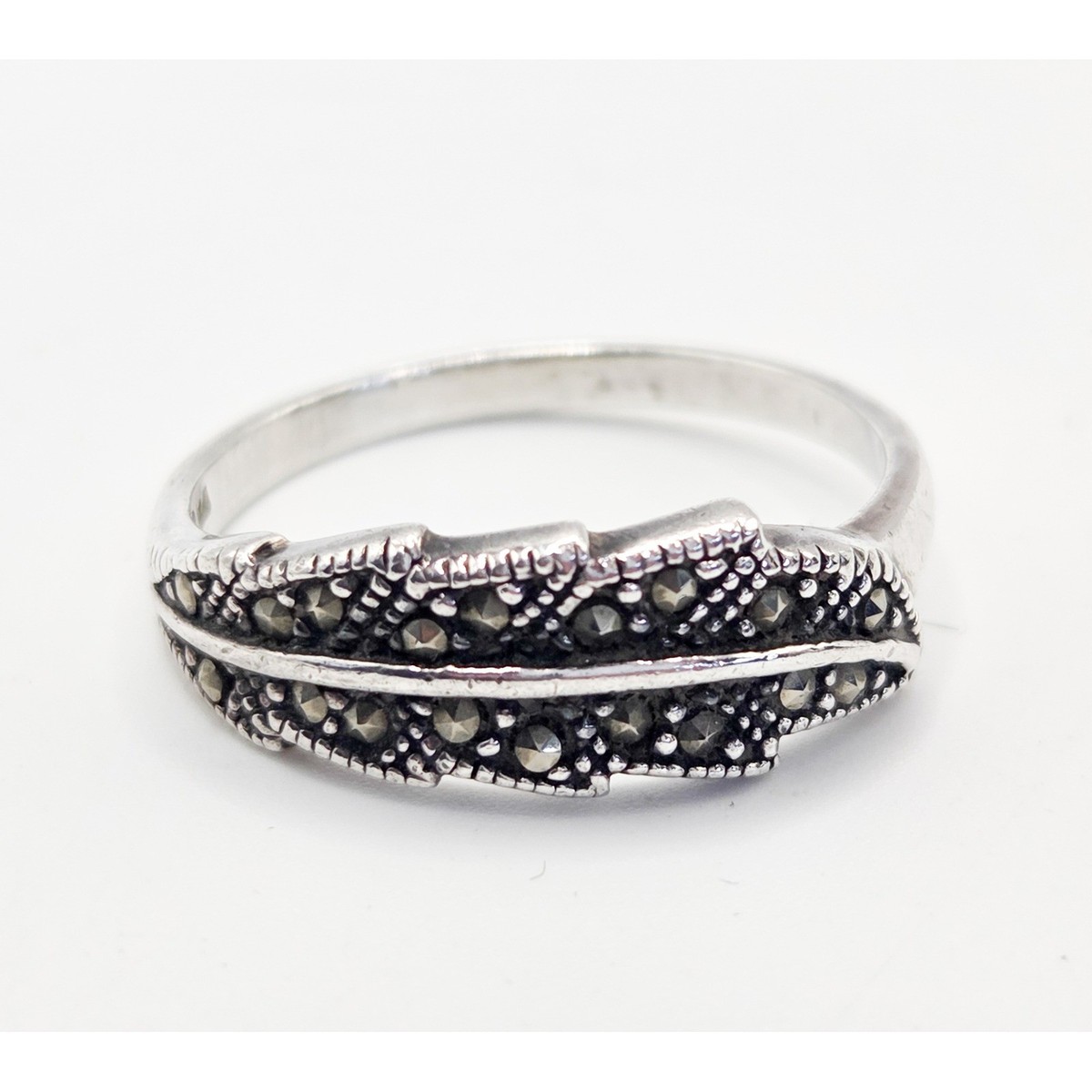 Vintage 925 Sterling Silver Marcasite Feather Leaf Ring Art Deco 