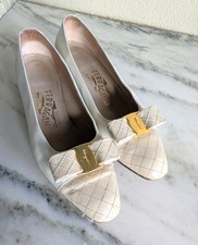 1980s Salvatore Ferragamo White Vera Slip On Flats Quilted Leather Pumps Bow 6B