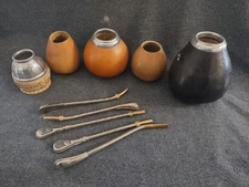 Vintage lot Argentinian gourds Yerba Mate Tea Cups W. Bombilla Straws 5ct
