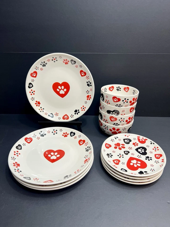 12 peças de louça Temp-tations não usadas PAWFETTI impressão de pata prato de salada de jantar tigela - Imagem 2 de 4