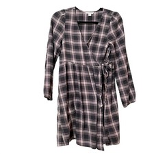 American Eagle Grey Pink Plaid Long Sleeve Wrap Dress Womens S Fall Flannel Mini