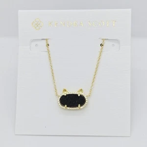 New Kendra Scott Elisa Gold Cat Kitty Pendant Necklace in Black Drusy