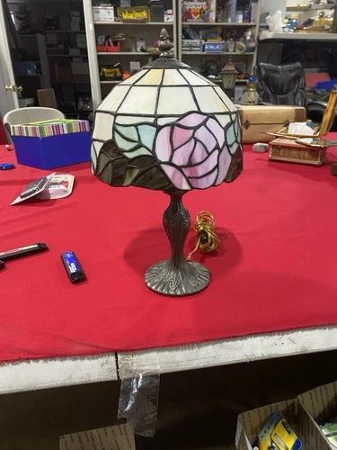 Vintage Tiffany Style Table Lamp Stained Rose Shade Stained Glass 15 Inches