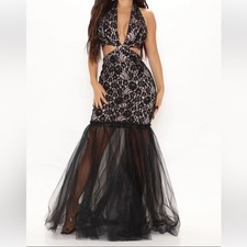 Fashion Nova Mermaid Lace Tulle Maxi Dress Black Nude Size S
