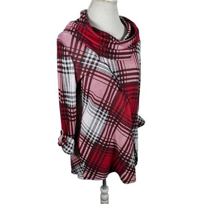Ali Miles Red & White Plaid Tunic Top Cowl Neck Asymmetrical Hem Artsy Size M