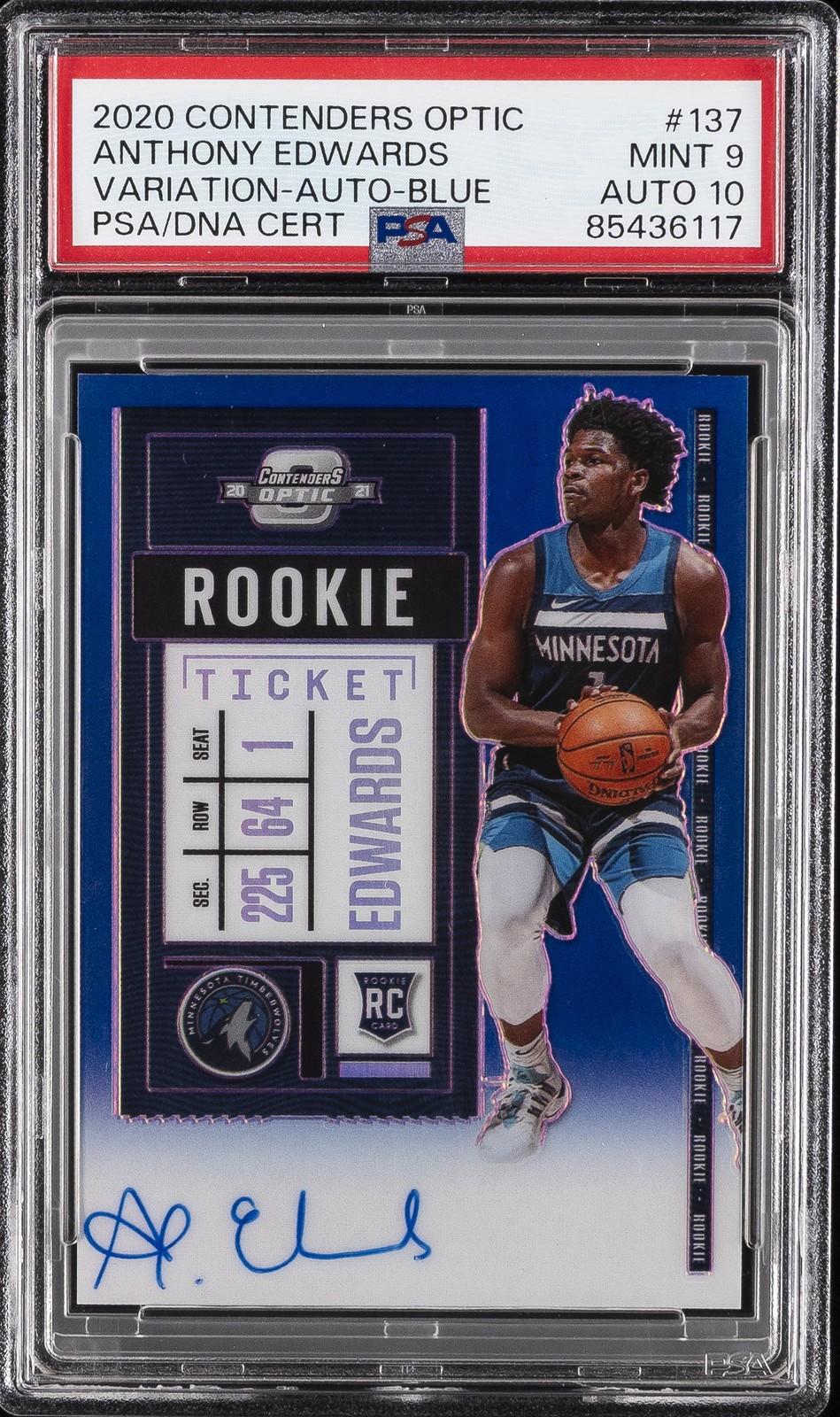 ANTHONY EDWARDS 2020 CONTENDERS OPTIC VAR-AUTO-BLUE #137 19/49 PSA 9 AUTO 10 