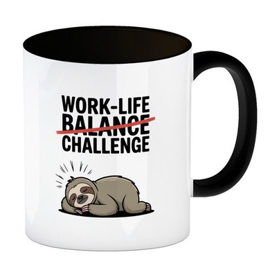 Work-Life Balance/Challenge Kaffeebecher in schwarz mit Faultier
