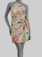 Bar III Women's Pink Floral High-Neck Linen-Blend Sleeveless Mini Dress Size M/L