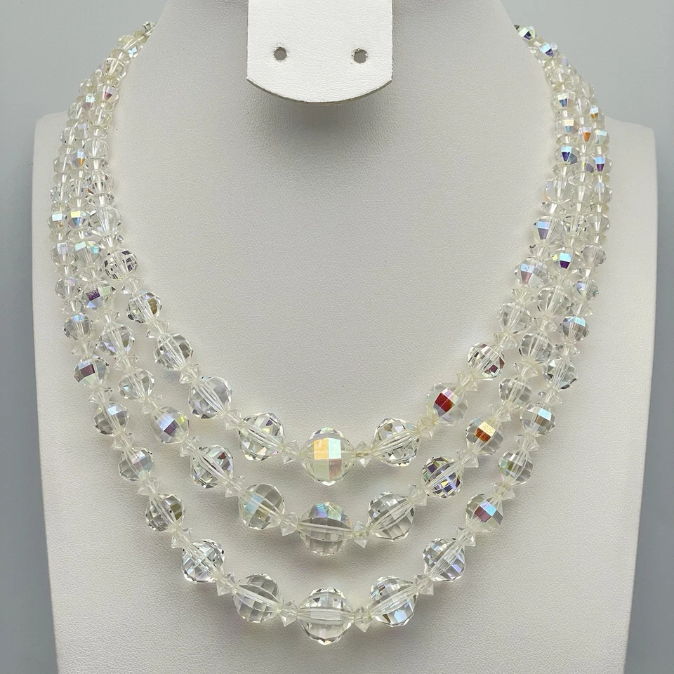 Collar Vintage 3 Capas Cristal Blanco AB Cuentas Elegante Noche Impresionante Brillo