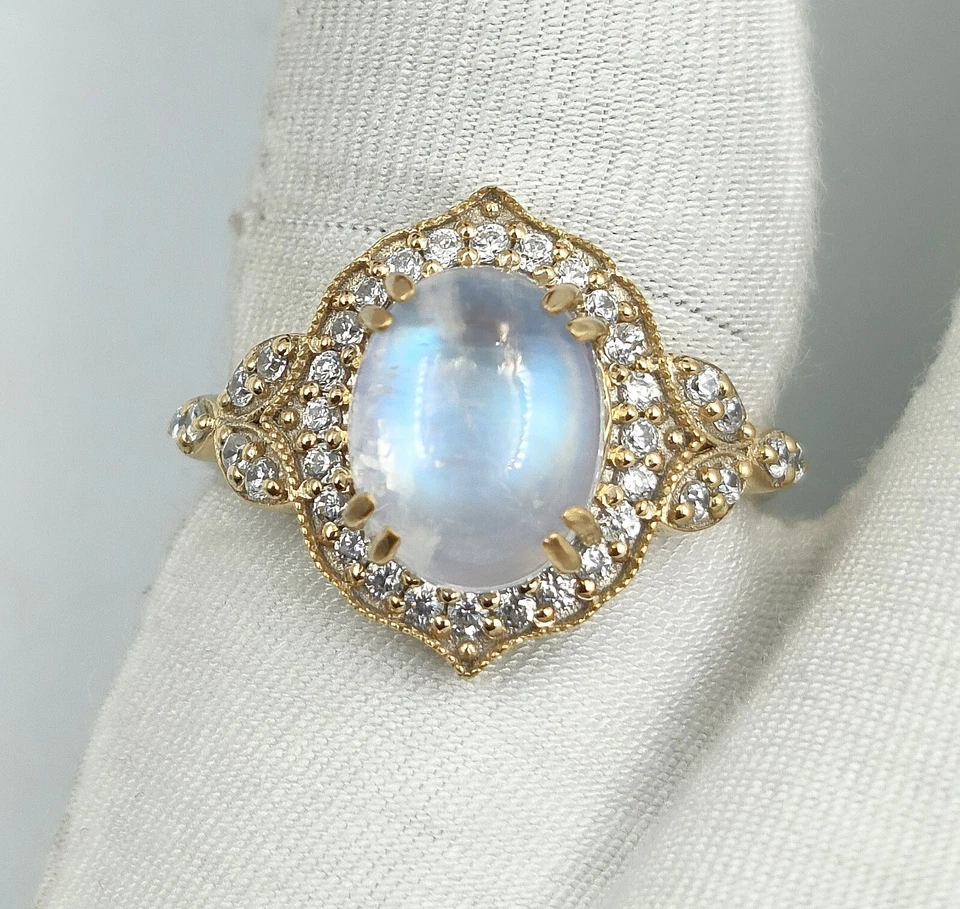 Natural Rainbow Moonstone Ring, 925 Sterling Silver Gold Plated Handmade Ring - Image 2 of 4