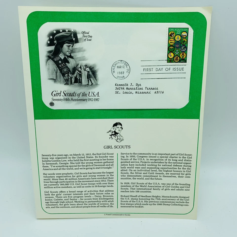 Official First Day of Issue Girl Scouts USA 22 Envelope Seventy-Fifth Anniv. - Image 2 of 2