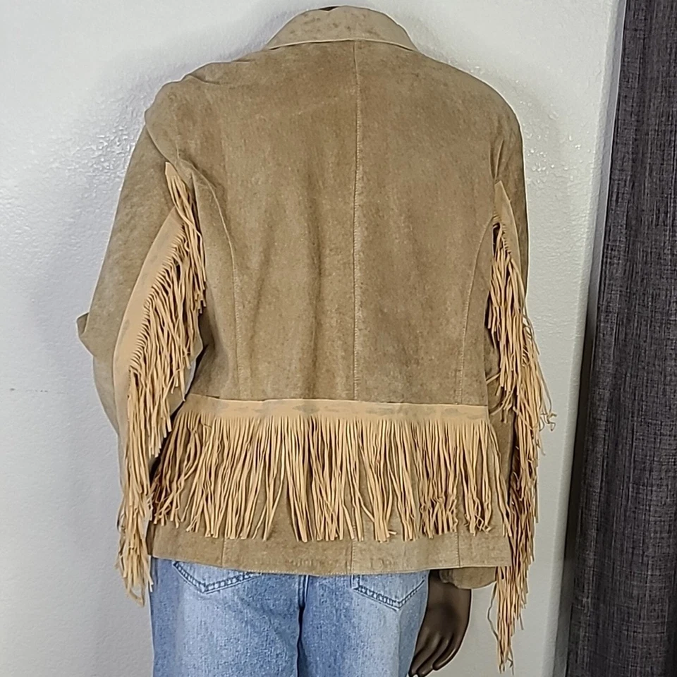 Chaqueta Blazer Western Talla XL Tostado Gamuza Cuero Reciclado Flecos Vaquera Tendencia Foto 3 de 4