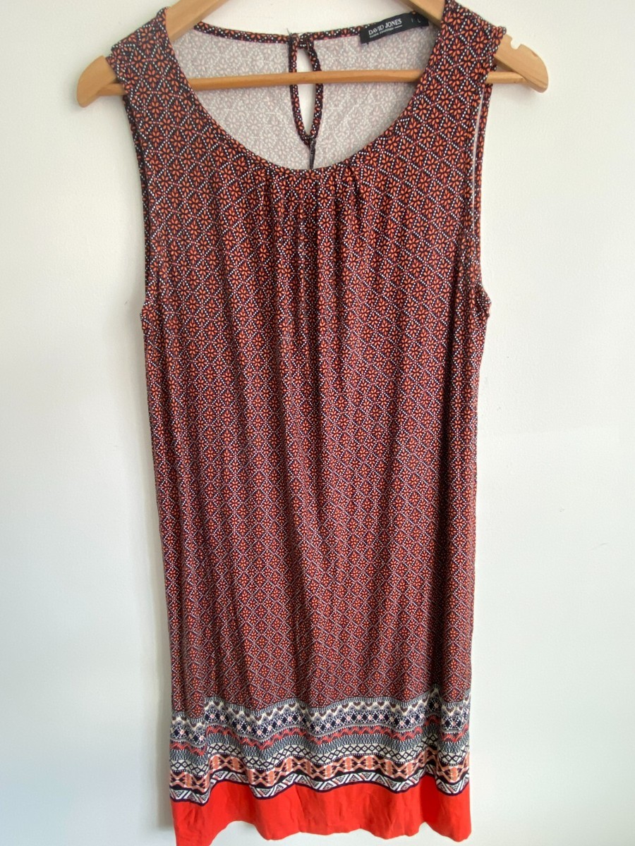 David Jones Dress Womens Large Black Red Button Sleeveless Round