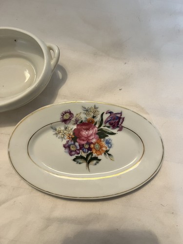 Japanese Sugar Bowl With Lid Handles And Tray Floral Oval Small Dish Vintage - Picture 3 of 6