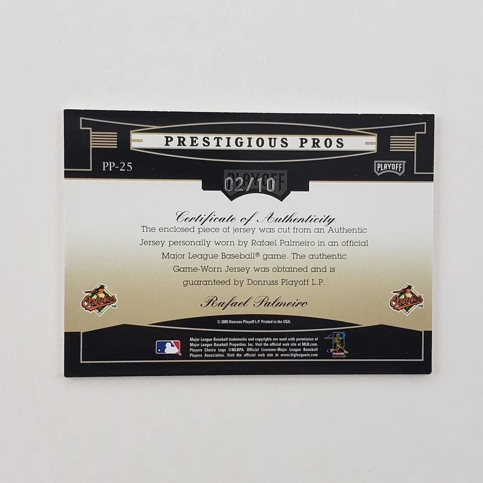 Camiseta deportiva Rafael Palmeiro 2005 Donruss Playoff Prestigious Pros #25 usada en juegos/10 Foto 3 de 4
