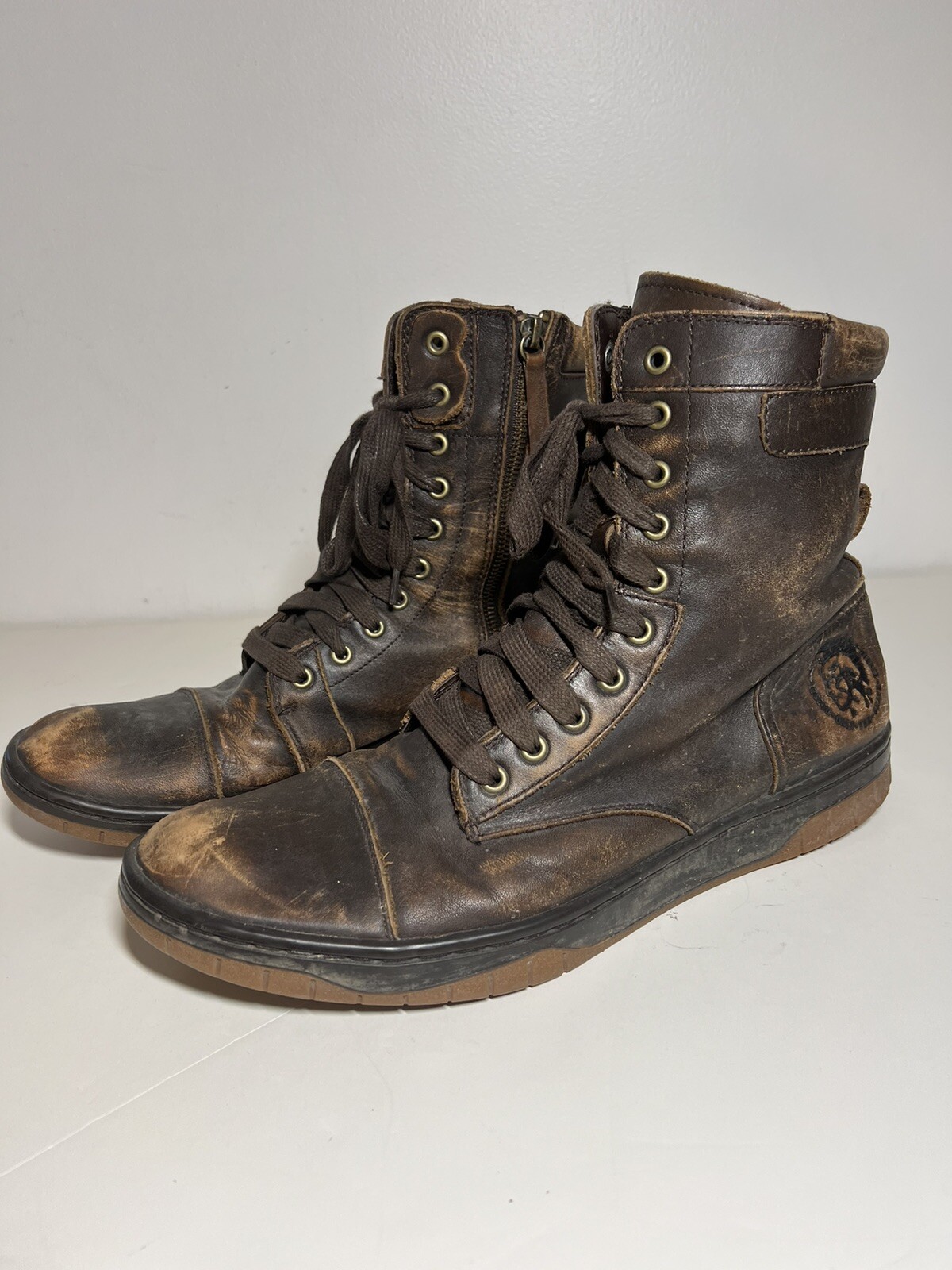 Diesel Men's EUC Brown Basket Butch Zip Distressed Leather Boots Size 12
