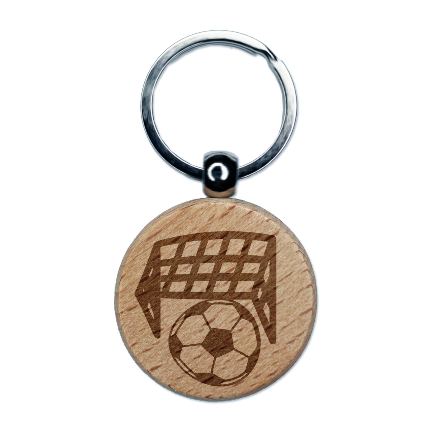 Soccer and Goal Net Engraved Wood Round Keychain Tag Charm