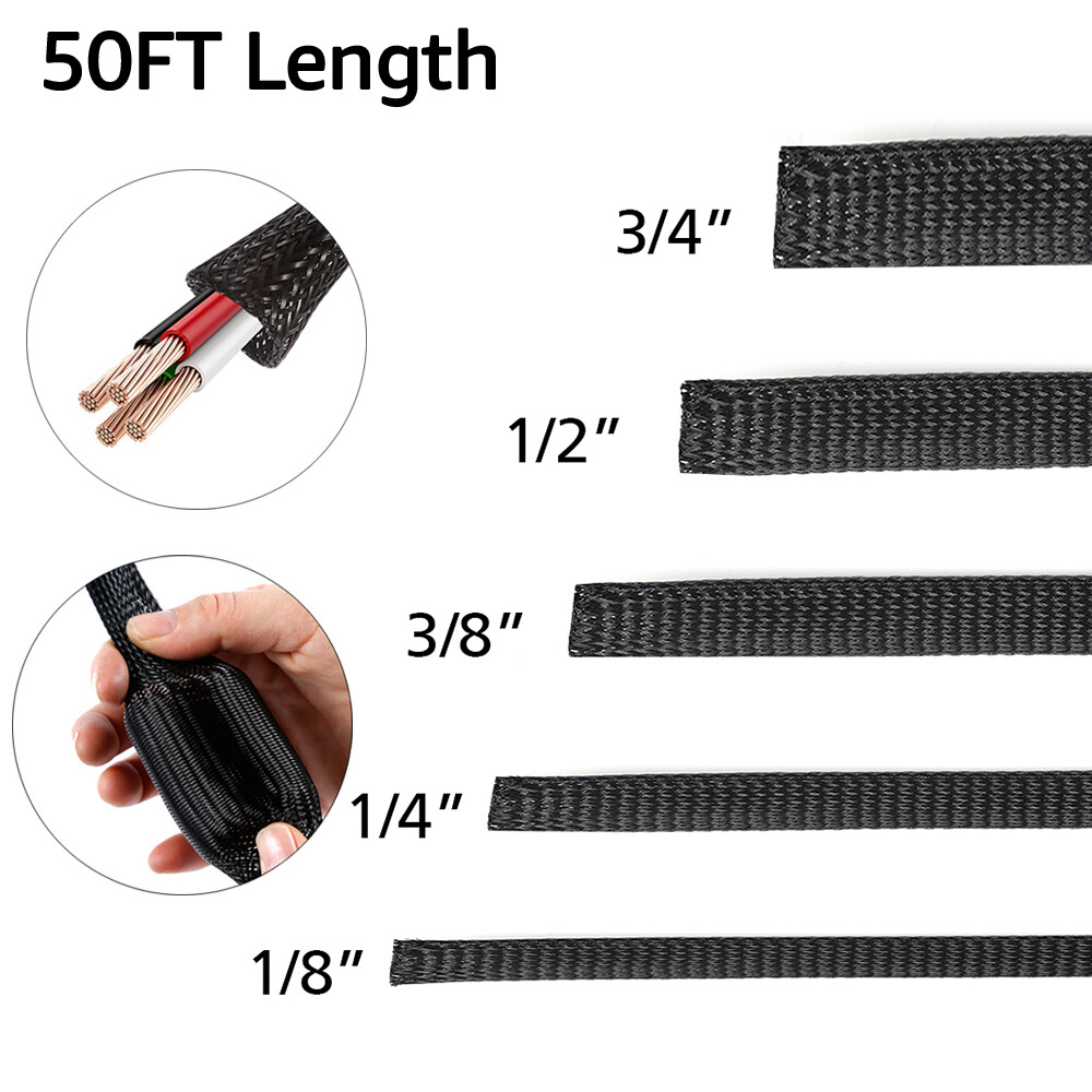 50' PET Expandable Braided Cable Sleeve Sheathing Harness Wire Loom Wrap Conduit
