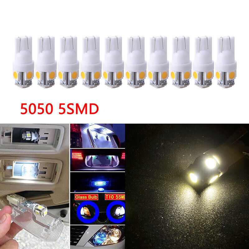 10x Ultra White T10 LED Bulbs Car Interior License Light 2825 192 194 5050 5 SMD