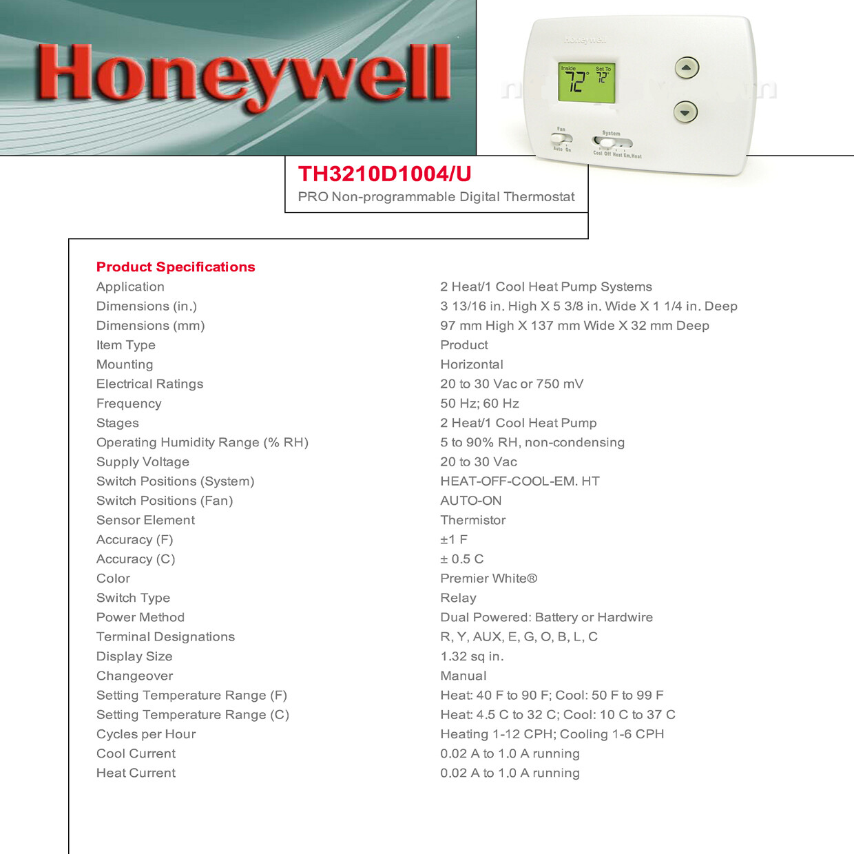Honeywell Thermostat Non-Programmable Heat Pump ONLY 2H/1C Pro 3000  TH3210D1004 – ASA College: Florida