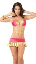 2072 Pink Gold Metallic 2 Pcs Skirt Bra Gogo Sexy Straps Bikini Dance wear S M L