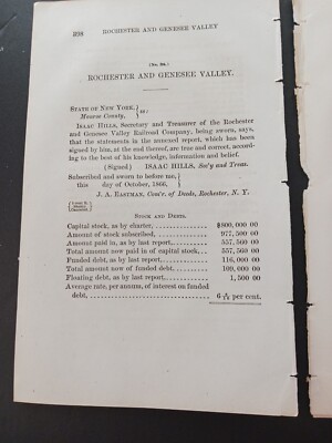 1867 train report ROCHESTER & GENESEE VALLEY RAILROAD Issac Hills New York rr