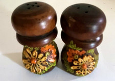 Vintage Wooden Salt & Pepper Shaker Set Green Blue Floral Decal — listing 5