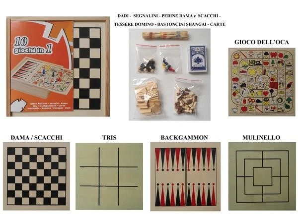10 GIOCHI IN 1 SCACCHI GIOCO DELL'OCA DAMA TRIS DOMINO CARTE SHANGAI BACKGAMMON