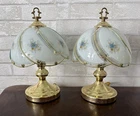 Vintage Set Of 3-Way Gold Tone Touch Accent Lamp 6 Blue Floral Glass Panels 12”