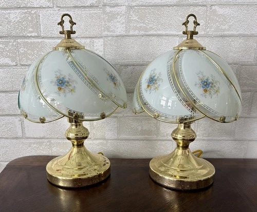 Vintage Set Of 3-Way Gold Tone Touch Accent Lamp 6 Blue Floral Glass Panels 12”