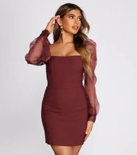 Sheer Organza Puff Sleeve Square Neck Mini Dres Size Small Red