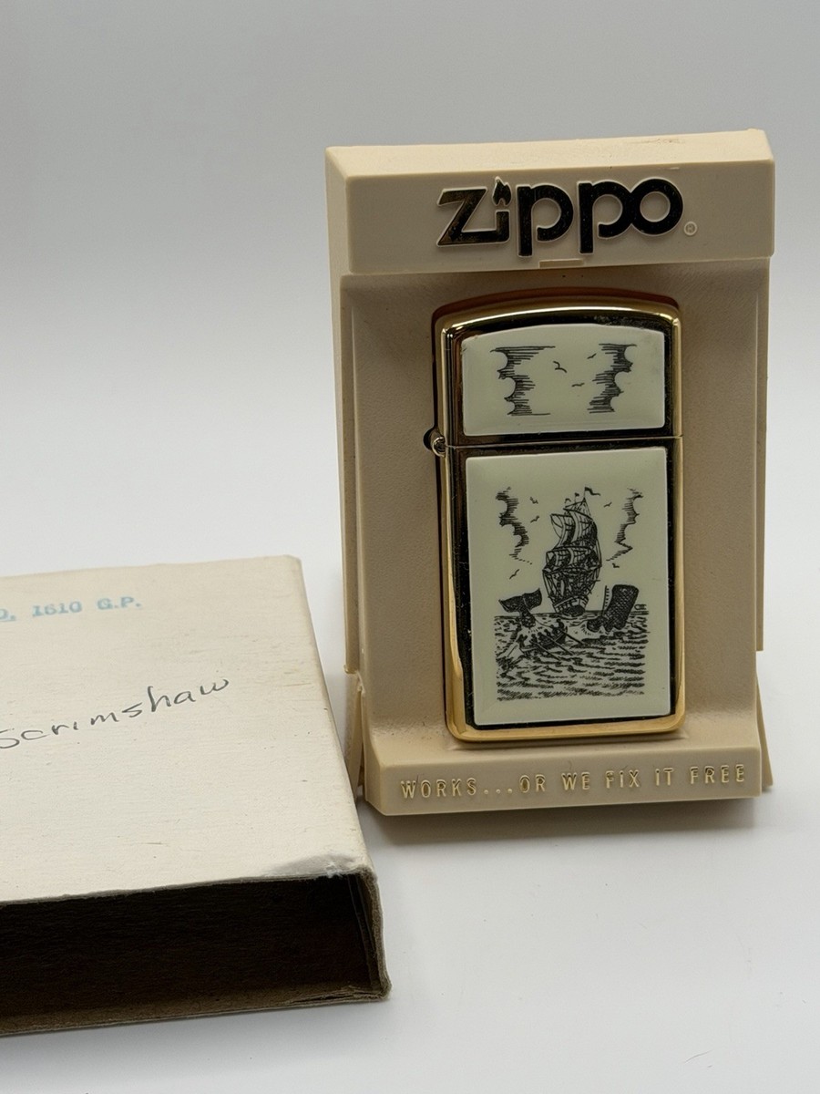 Vintage 1981 Scrimshaw Ship Whale Brass Double Sided Slim Zippo