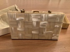 Vintage Minaudiere Faux Mother of Pearl Evening Clutch Purse Lipstick T1