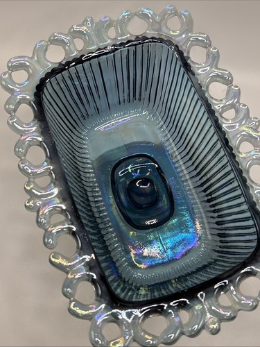 Indiana Blue Iridescent Lace Edge Carnival Glass Pedestal Candy Dish - 1960s - Picture 12 of 15