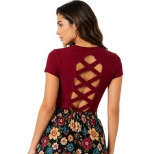 Iris Bodysuit Women M Burgundy Ribbed Strappy Lattice Open Back Fitted
