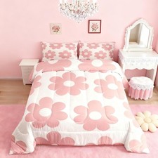 Girly Pink Twin Size Down Comforter Set, 70s Groovy Daisy Flowers Duvet/Quilt...