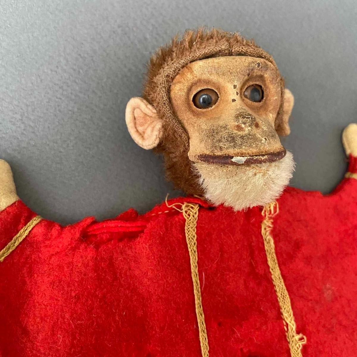 Rare SCHUCO Bellhop Monkey Hand Puppet ~ 1920s NEEDS TLC Tin Faced