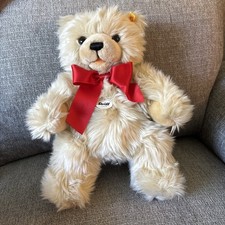 Steiff Plush Cream Color Fur 5-Jointed FRANZ Teddy Bear w Red Bow 669354 NWT