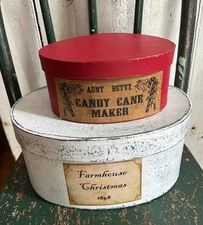 primitive christmas decor Set Of 2 Stacking Boxes With Prim Labels Red White 