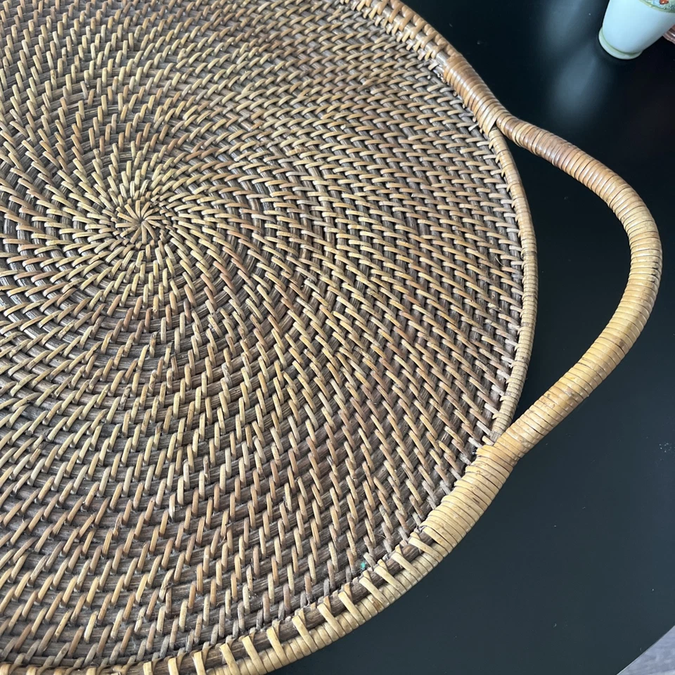 Pampered Chef Round Wicker Serving Tray With Handles Woven Selections Wood 16" - Image 3 of 4