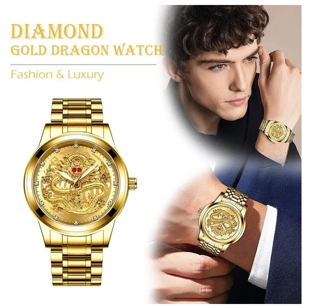 Business Gift Waterproof Gold Men's Diamond Quartz Watch Classic Stainless Steel - Image 4 of 4
